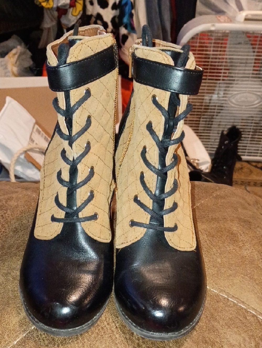 Quilted Lace-Up Ankle Boots - Black and Tan